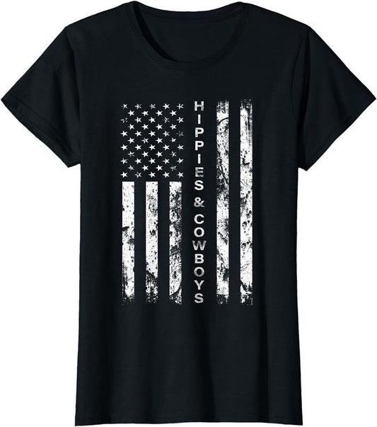 [100% Cotton]Raisin Hell With The Hippies And Cowboys - American Flag T-Shirt