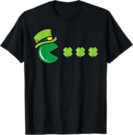 [100% Cotton]St Patricks Day Eating Shamrock Retro Gamer Men Boys Kids T-Shirt