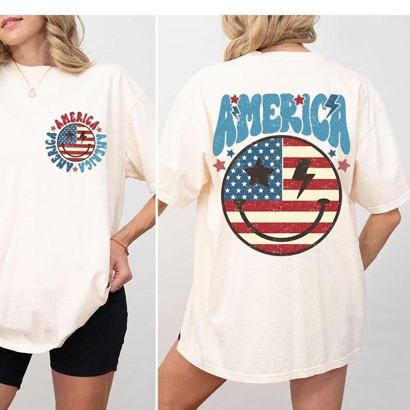 1776 America 4th of July Shirt, Comfort Shirt for Women, Retro America Shirt, 1776 Shirt, USA Flag Smile, Comfort...
