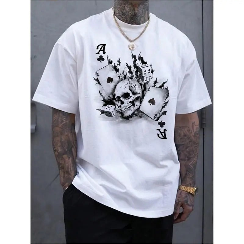 1pc Men's Graphic Skull and Poker Card Printed Short Sleeved Casual Fashion Summer T-Shirt