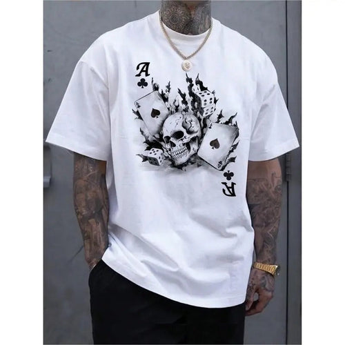 1pc Men's Graphic Skull and Poker Card Printed Short Sleeved Casual Fashion Summer T-Shirt