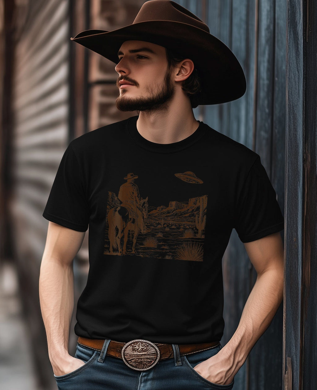 UFO Western T-Shirt - Alien Cowboy Hoodie, Sweatshirt | PureTeeCo.com (Image 3)