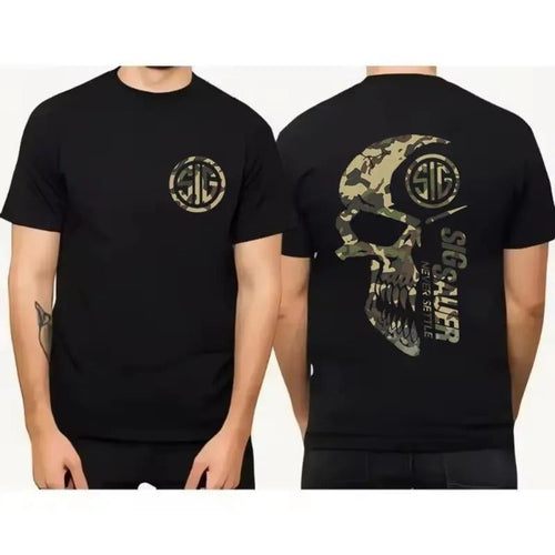2025 Summer Men's Camo with Sig Sauer Never Settle T-shirt, Unisex Short Sleeve Casual 100% Cotton, Camo Shirt, Sig Sauer...