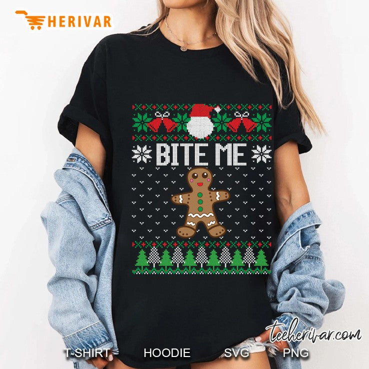 Funny Ugly Christmas Sweater Bite Me Gingerbread Man