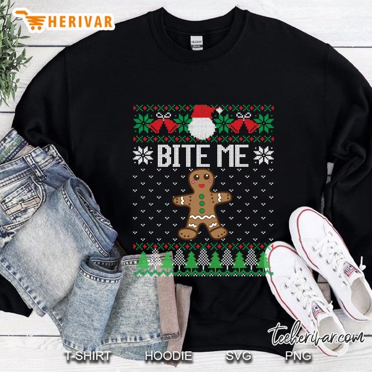 Funny Ugly Christmas Sweater Bite Me Gingerbread Man
