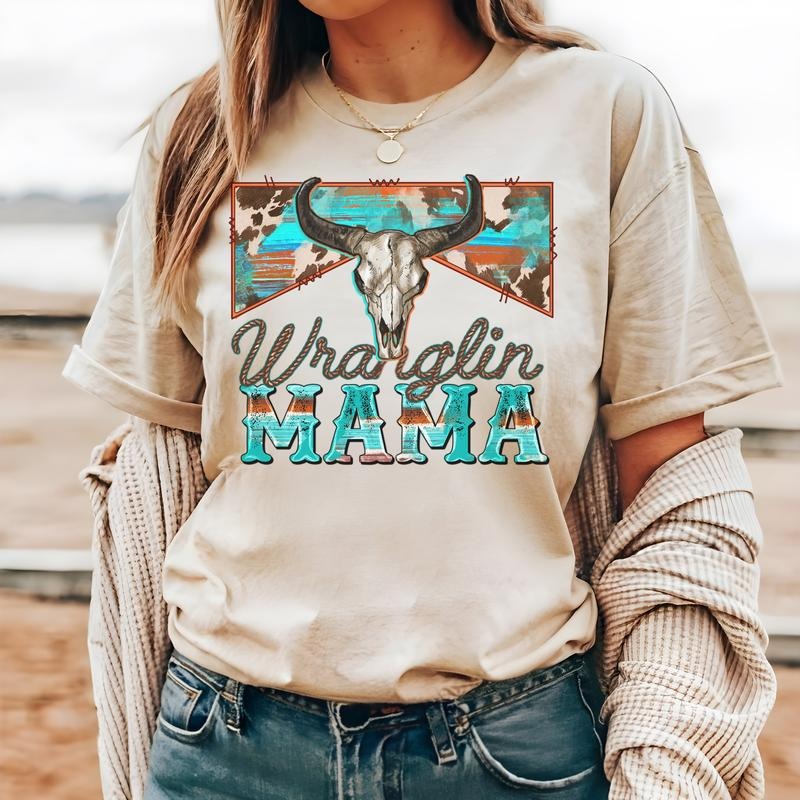 #215 - Wranglin Mama Western Boho Cow Retro -  - Print Unisex Crew neck Tee T-shirt Hoodie, Sweatshirt | PureTeeCo.com