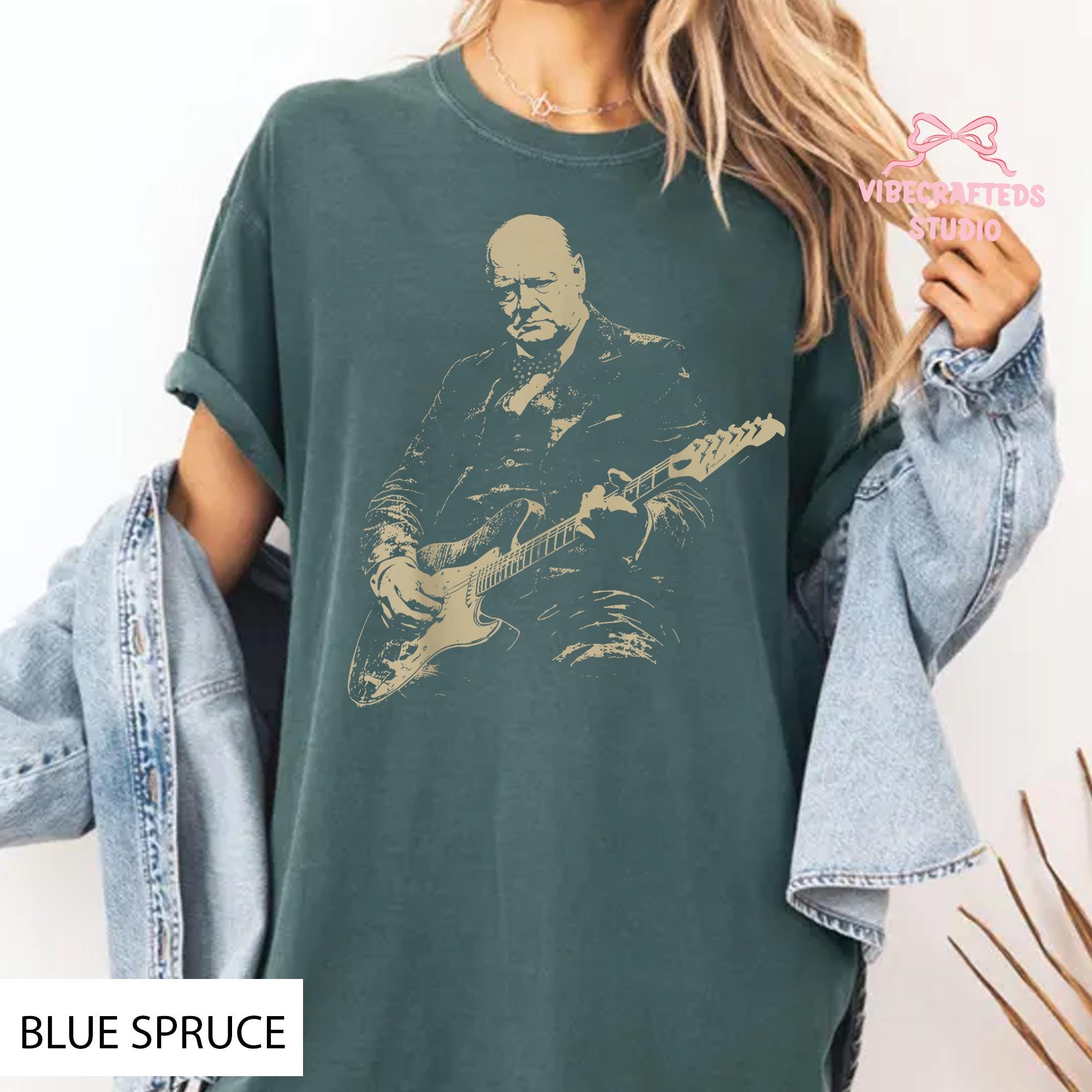 Winston Churchill Playing Electric Guitar Vintage Rocker Humor Tee Historical Comfort Colors Tee (4)