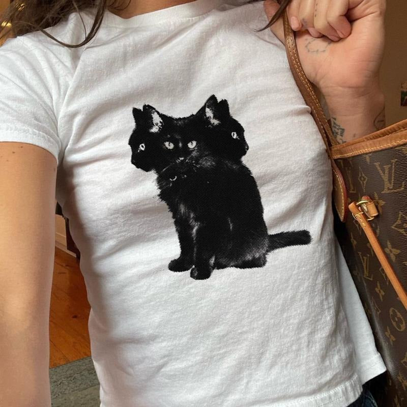 3 Headed Cat Baby Tee, Graphic, Spooky Halloween Graphic Tee, Grunge Emo Top, Y2K Fashion, Gothic Tees, Autumn, Softstyle...