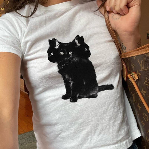 3 Headed Cat Baby Tee, Graphic, Spooky Halloween Graphic Tee, Grunge Emo Top, Y2K Fashion, Gothic Tees, Autumn, Softstyle...