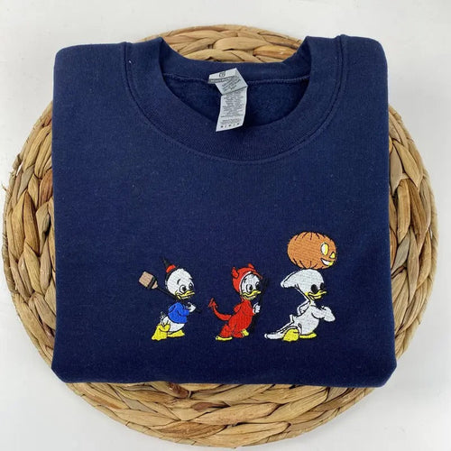 3 ducks trick or treat Embroidered Sweatshirt - Duck Halloween Pumpkin Embroidered Sweatshirt - Spooky Season Sweatshirt...
