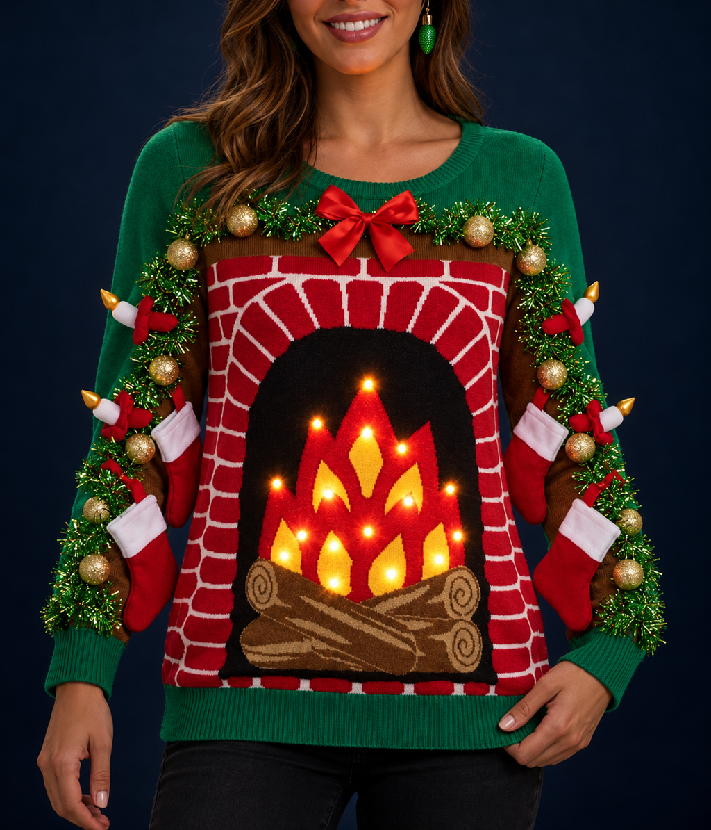 Women's Festive Fireplace Light Up Ugly Christmas Sweater