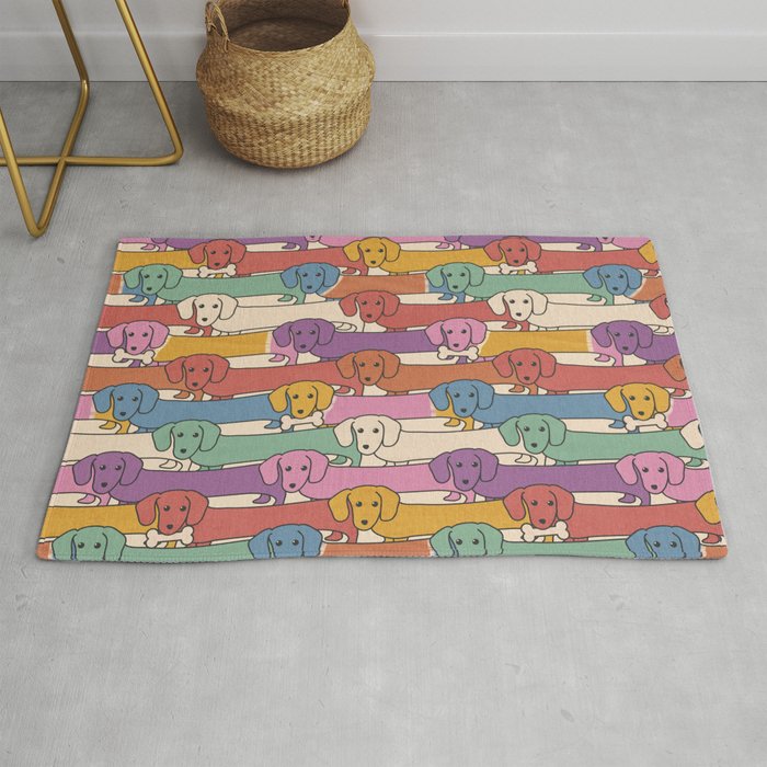Retro Rainbow Funny Dachshunds Rug Gallery Image 1