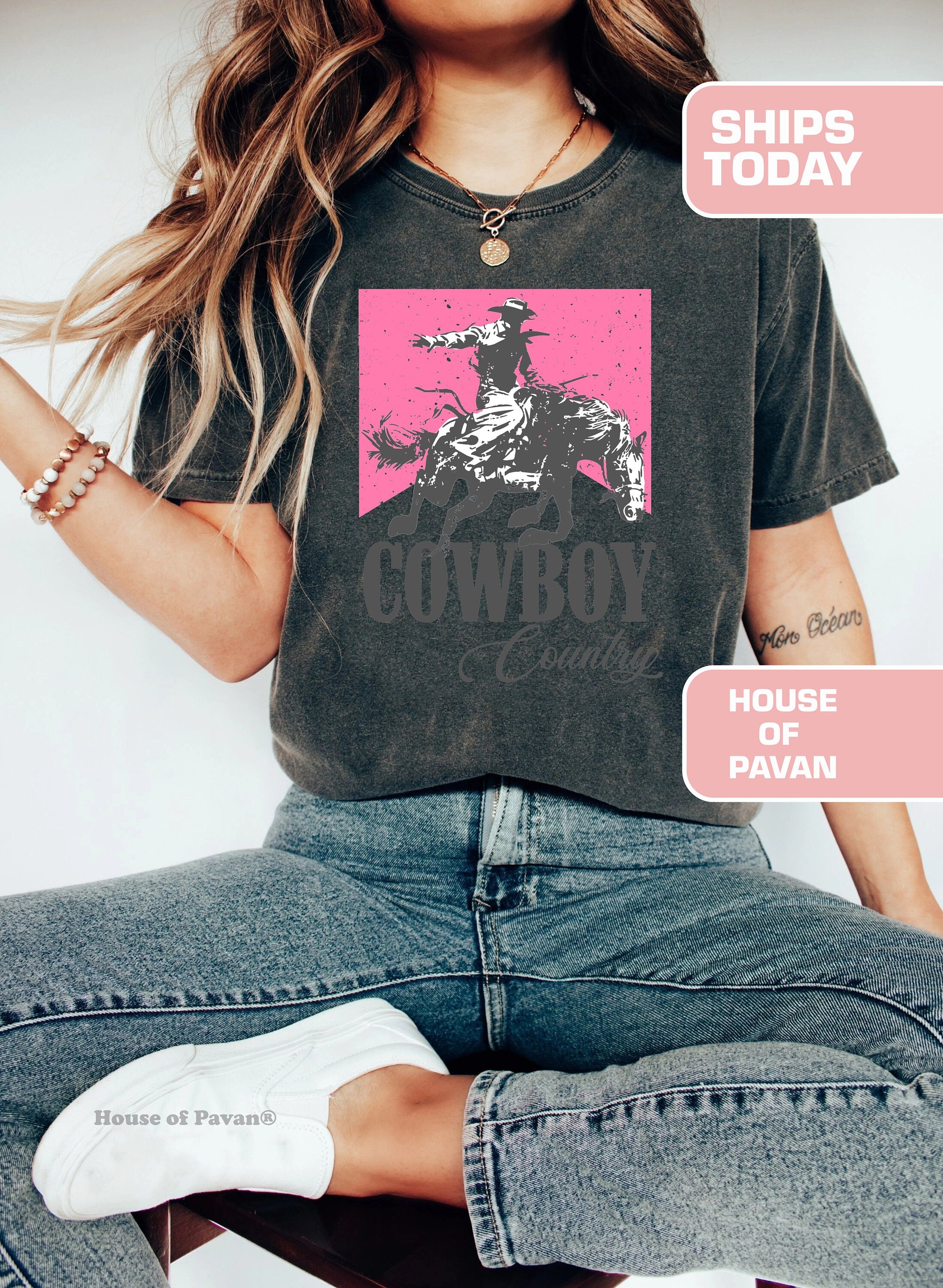 Cowboy Country Nashville Pink Rodeo Tee Western Cowgirl Vintage Country Comfort Colors Retro Boho Tee (5)