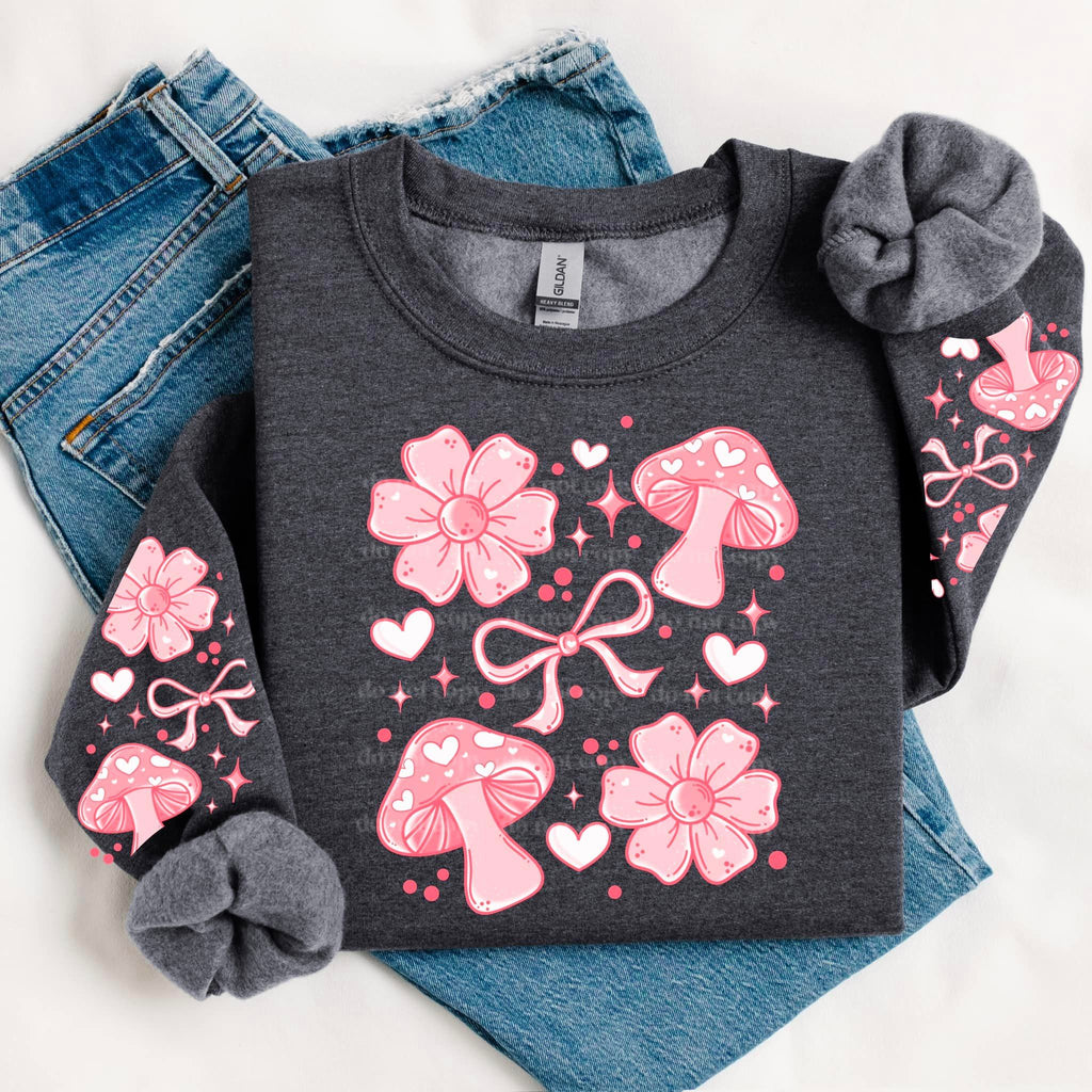 PINK FLORAL MUSHROOMS SWEATSHIRT W/ SLEEVE PRINT T-Shirts, Hoodie | PureTeeCo.com (Image 1)
