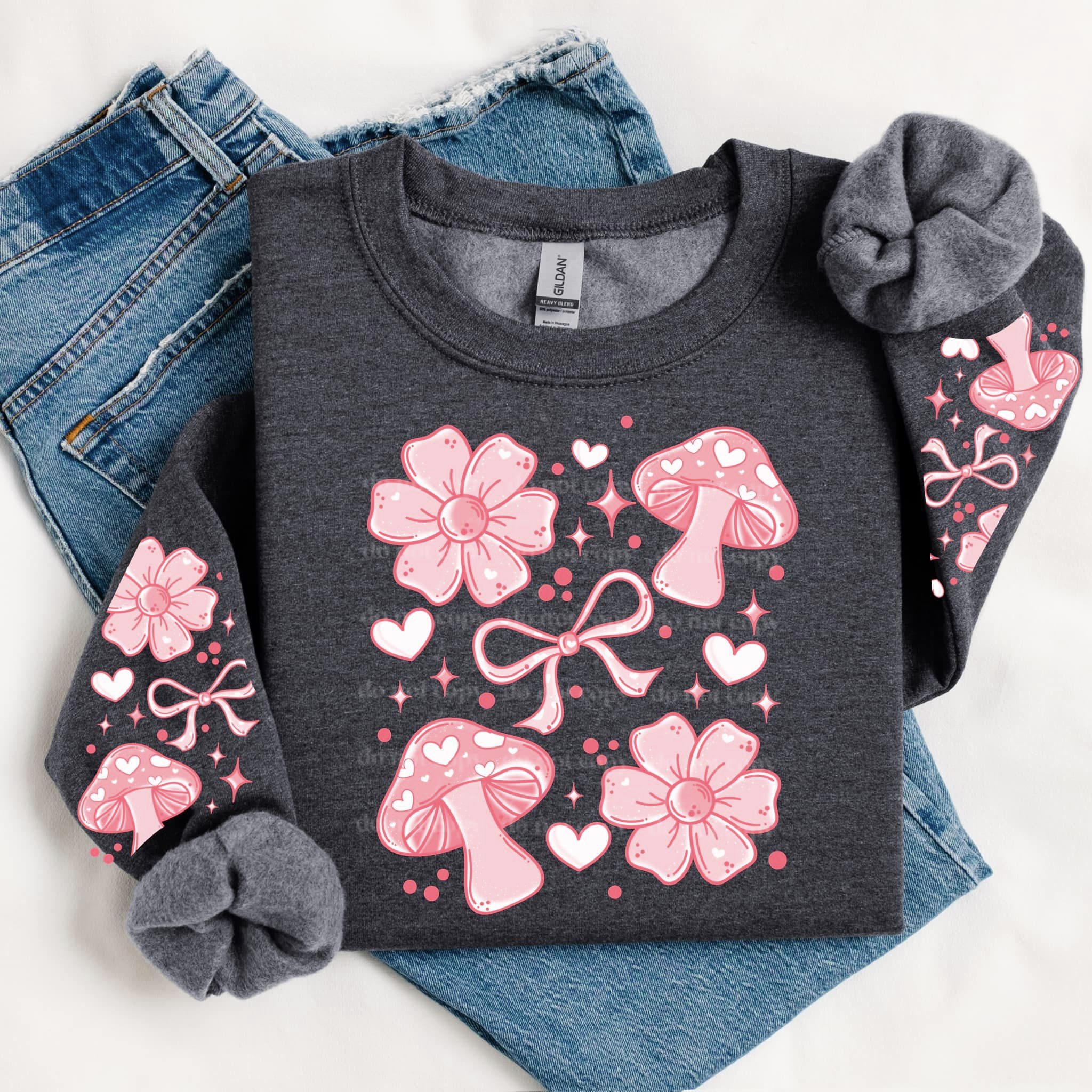PINK FLORAL MUSHROOMS SWEATSHIRT W/ SLEEVE PRINT T-Shirts, Hoodie | PureTeeCo.com (Image 1)