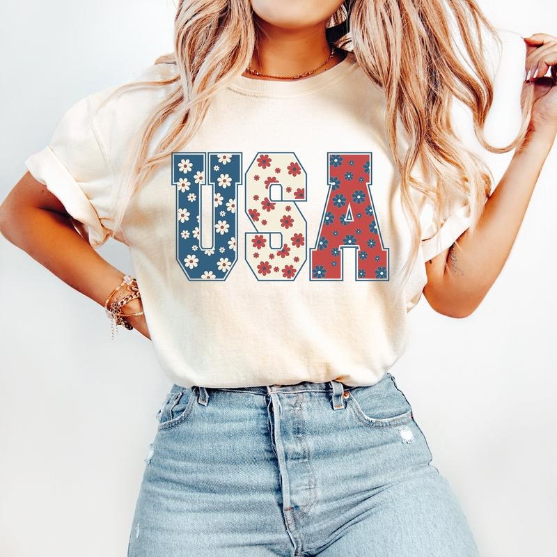 4th of July Shirt - USA Floral Flowers Shirt - Independence day Women Tee & Sweatshirt Hoodie | PureTeeCo.com