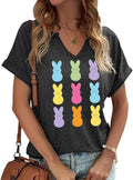 Earlymemb Womens Happy Easter Day V Neck Shirt Funny Bunny Rabbit Eggs Graphic Short Sleeve Tee Spring Casual Christian Tops