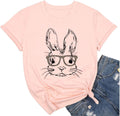 Bunny with Leopard Glasses T-Shirt for Women Cute Easter Bunny Graphic Tees Casual Short Sleeve Shirts Tops