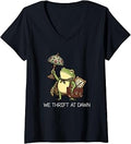Women's We Thrift At Dawn Vintage Funny Frog Thrifting Meme V-Neck T-Shirt