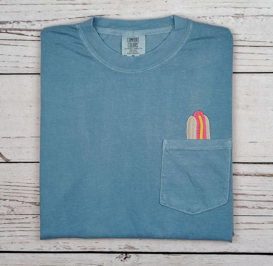 Embroidered Hot Dog Pocket Tee, Vintage Garment-Dyed T-Shirt, Unisex Adult