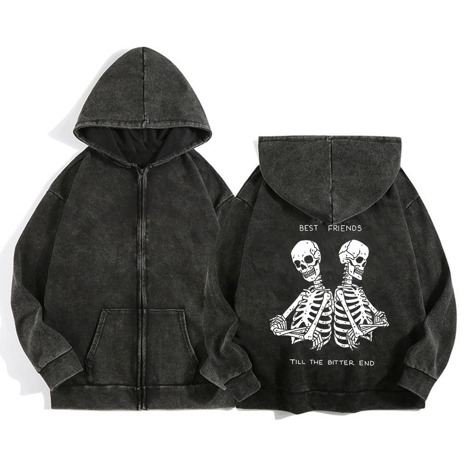 Vintage Washed Zip-Up Hoodies Distressed Casual Printed