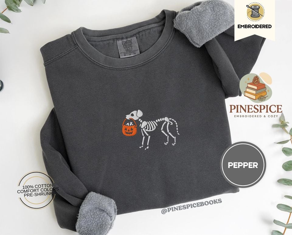 Skeleton Dog Trick or Treat Embroidered Sweatshirt