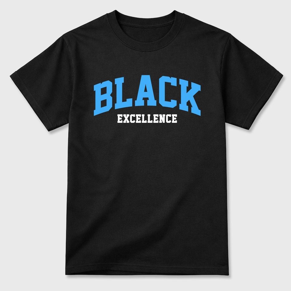 Varsity Black Excellence graphic tee. Streetwear Brand Graphic T-Shirt. AJ14 University Blue