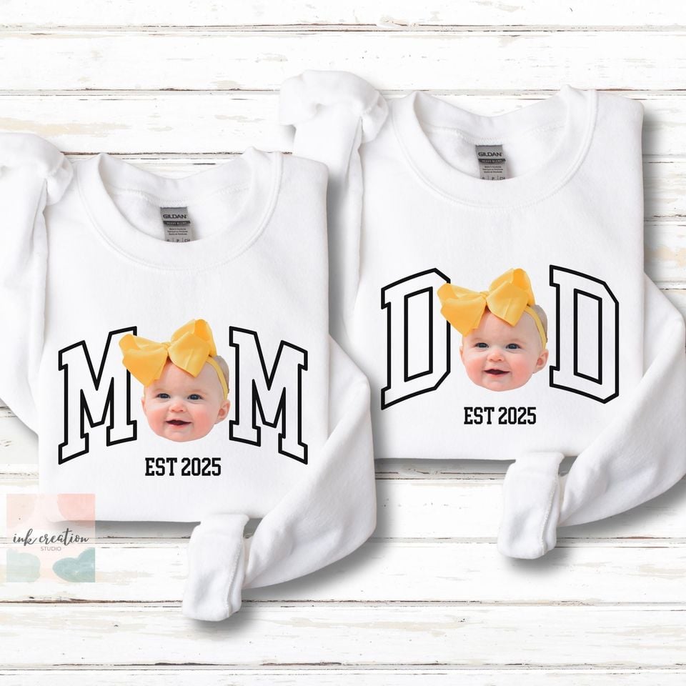 Custom Mom and Dad Comfort Colors Shirt, Custom Mom and Dad Sweatshirt, Custom Mom and Dad Gift, Baby Face Shirt, Varsity Mom Sweatshirt