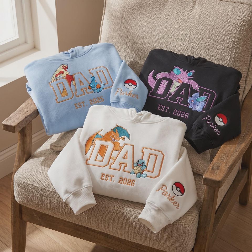 Personalized PokaDad Character Embroidered Sweatshirt, Custom Anime Sweatshirt, First Father's Day Gift for Dad