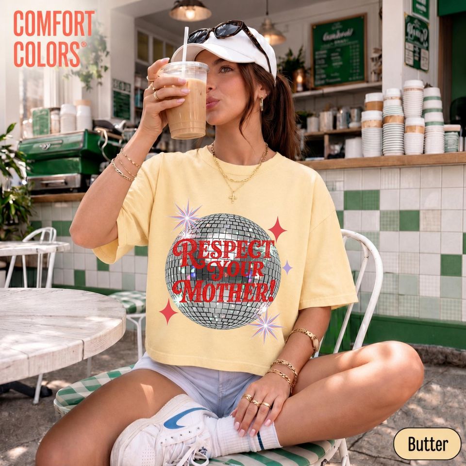 Respect Your Mother Boxy Crop Tee, Retro Disco Ball Mom Comfort Colors Shirt, Funny Mother Cropped TShirt, Mother’s Day Gift