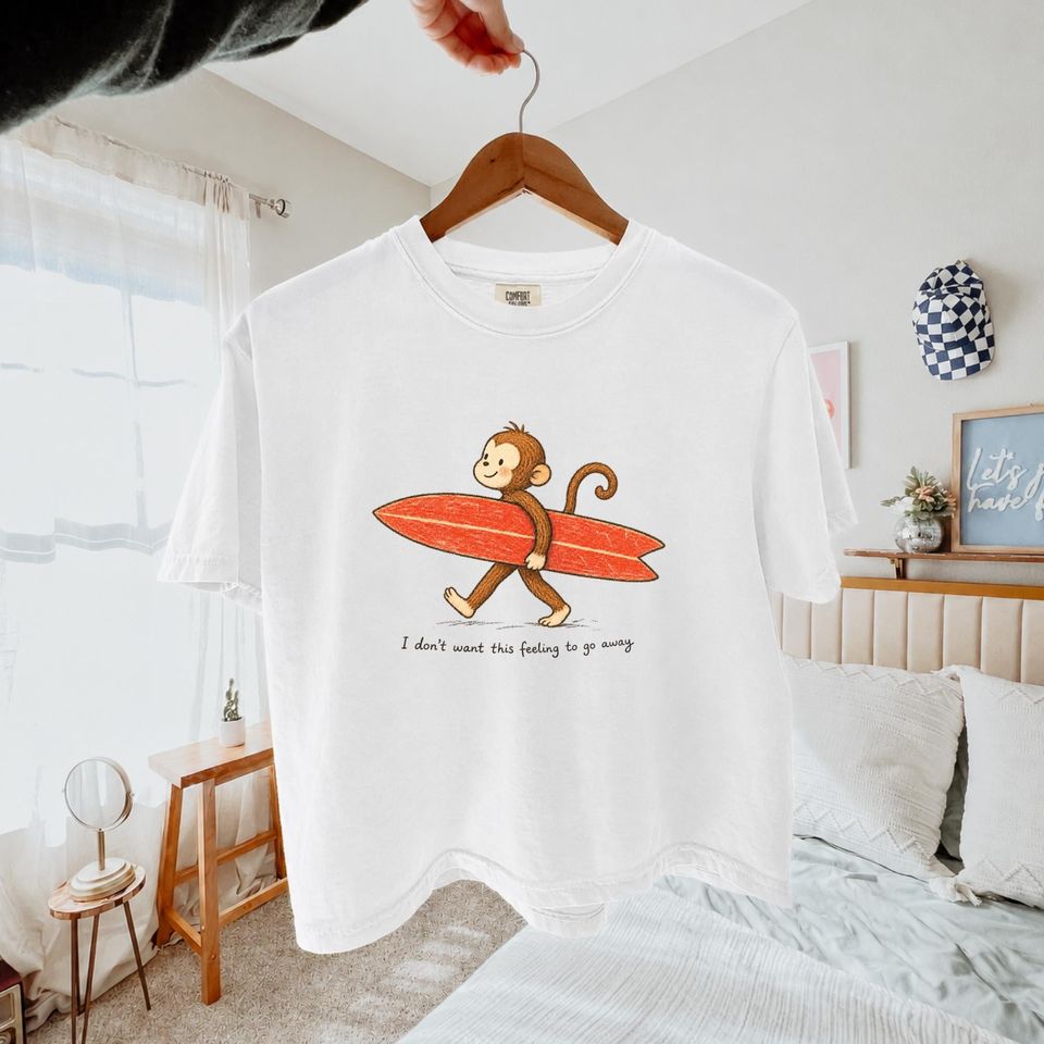 Comfort Colors Curious Surfer Monkey Boxy Tee, Nostalgic Summer Beach Graphic Tee, I Don't Want This Feeling To Go Away Vacation Tee