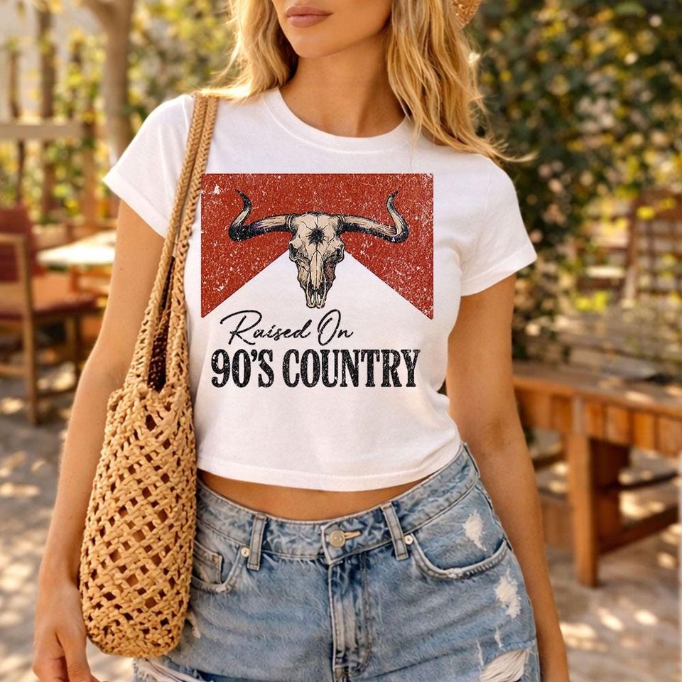 Raised on 90s Country Bull Skull - Boxy Crop Tee, Country Concert Tee, Cute Western Music Shirt, Cute Cowgirl tee, Country Music Fan