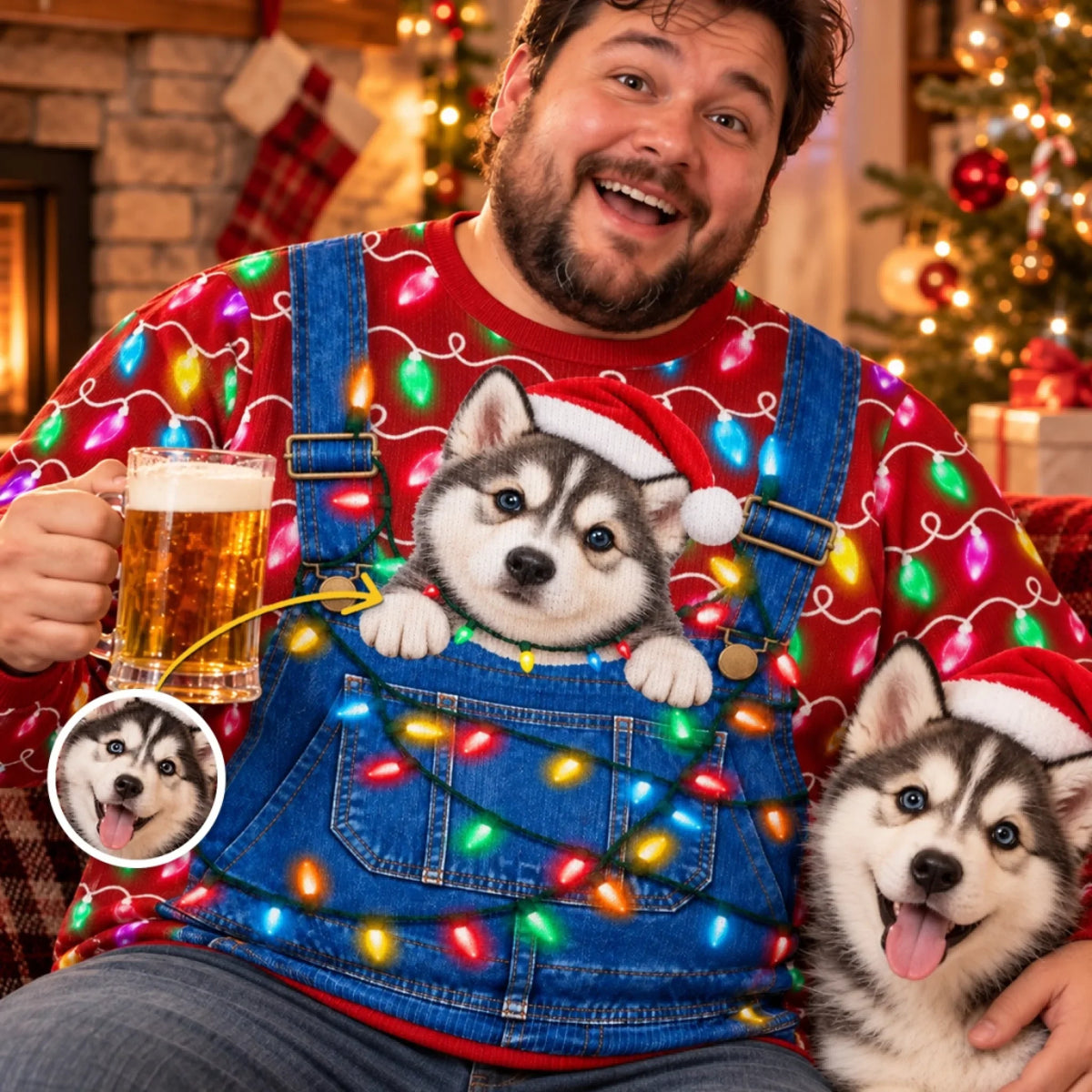 Custom Pet Photo Santa Hat Husky Christmas Gifts For Dog Cat Lovers, Pet Lovers - Personalized Ugly Sweatshirt