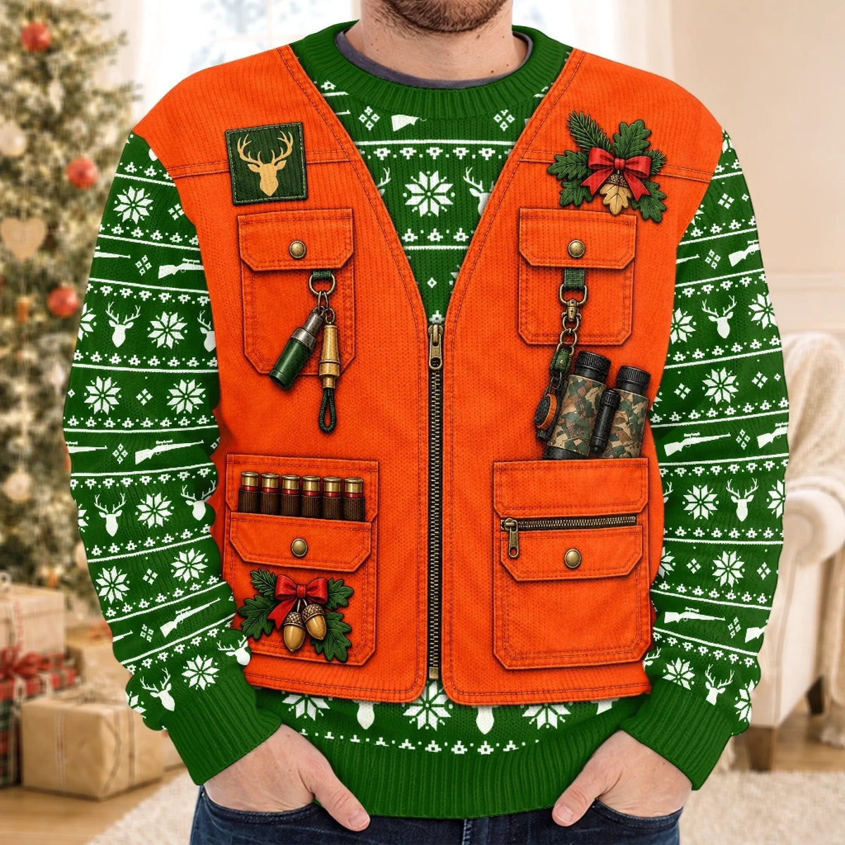 Custom Photo Merry Huntmas Deer Scene for Him - Personalized Ugly Sweatshirt
