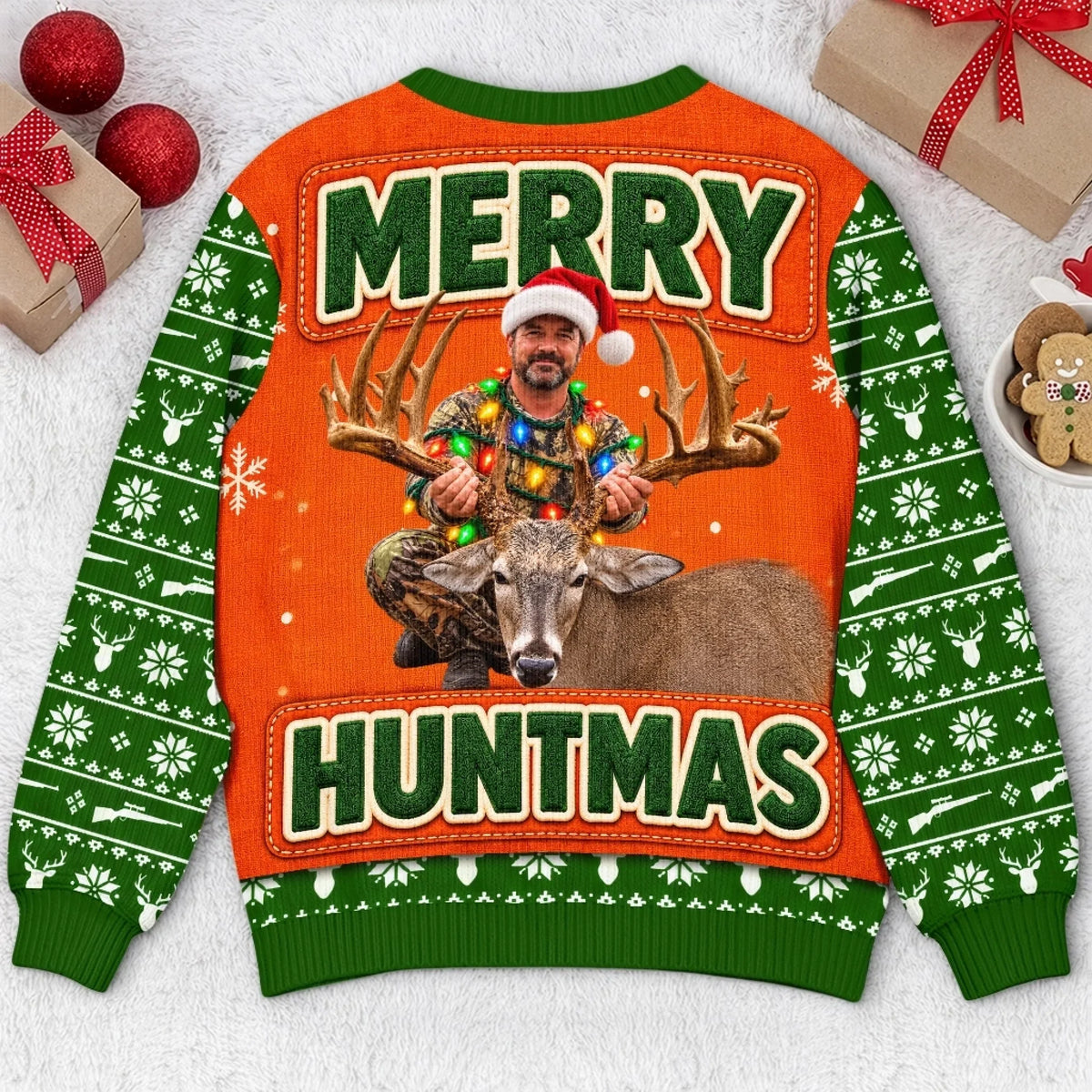 Custom Photo Merry Huntmas Deer Scene for Him - Personalized Ugly Sweatshirt