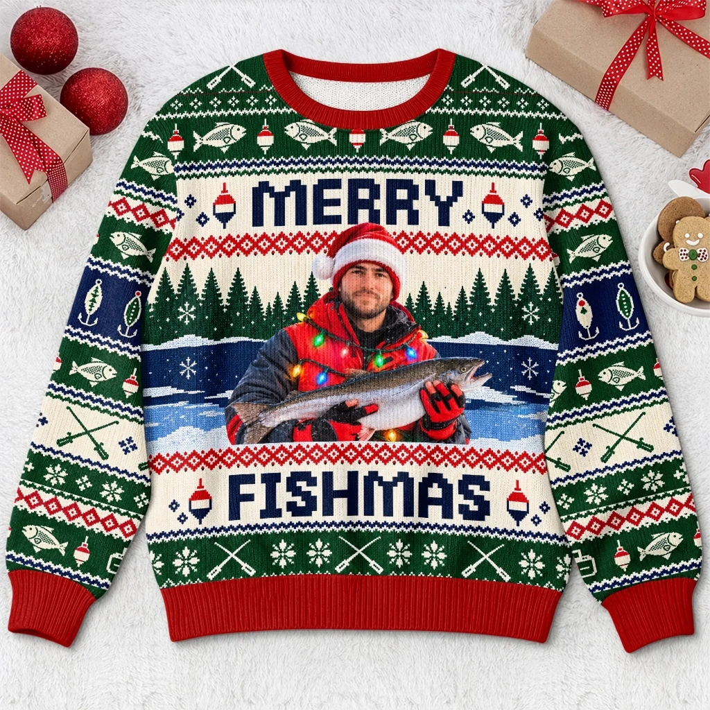 Custom Photo Fishmas Christmas Gifts for Anglers - Personalized Ugly Sweatshirt
