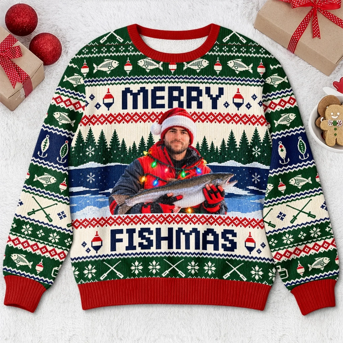 Custom Photo Fishmas Christmas Gifts for Anglers - Personalized Ugly Sweatshirt
