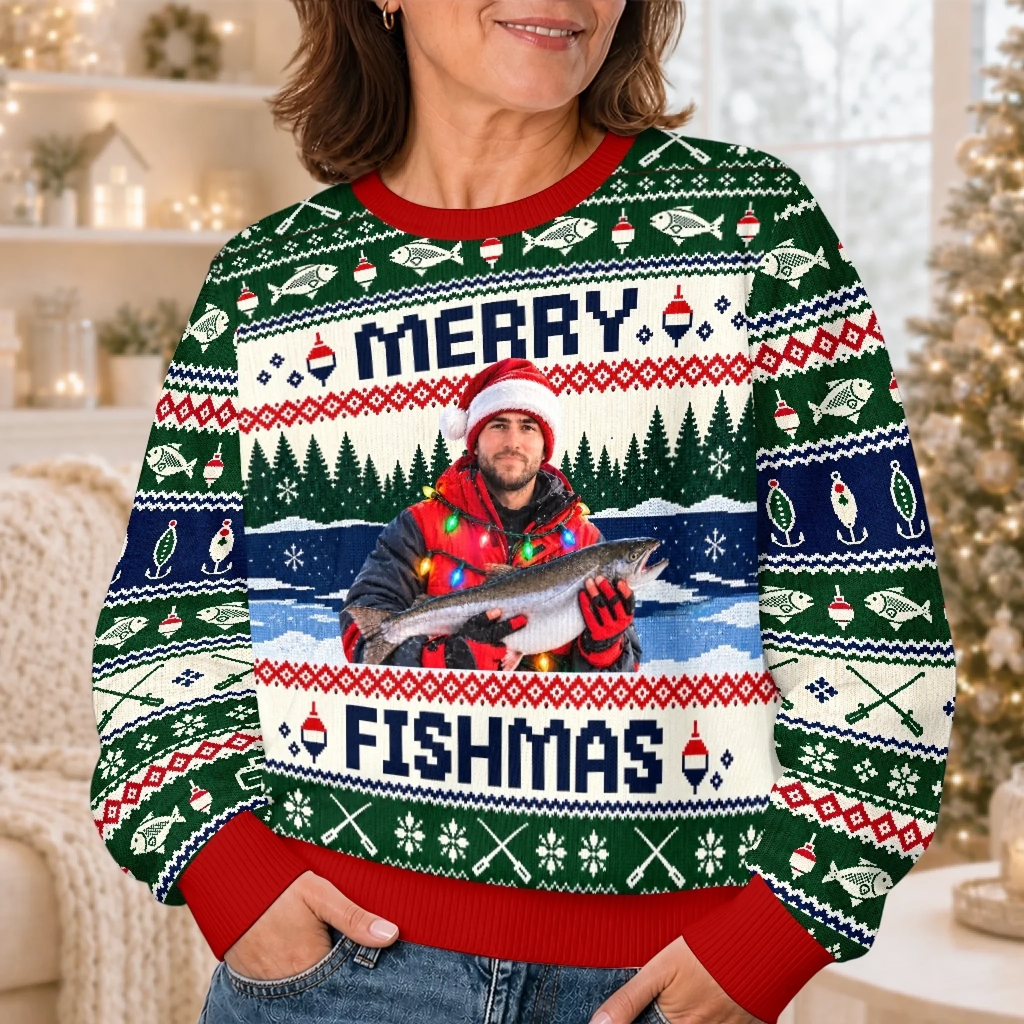 Custom Photo Fishmas Christmas Gifts for Anglers - Personalized Ugly Sweatshirt