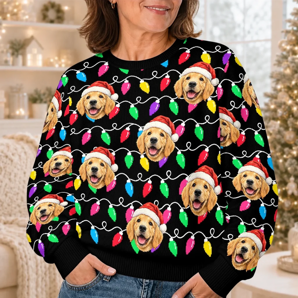 Custom Pet Photo Christmas Light Gifts For Dog And Cat Lovers - Personalized Ugly Sweatshirt