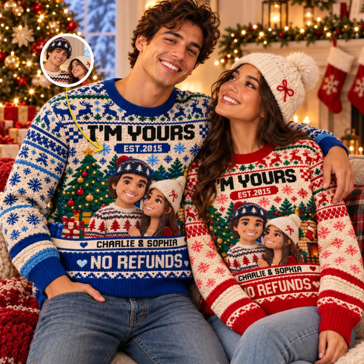 Custom Photo Funny Christmas Couple Gifts For Husband And Wife, Him And Her - Personalized Ugly Sweatshirt