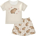 Capybara with Pink Hearts Summer Cute Pajama Sets, Short Sets for Sleep Wears