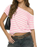 Women Short Sleeve One Off Shoulder Striped Tee Tops Casual Loose Fit Y2K Aesthetic Preppy Crop Tshirt Summer Outfits