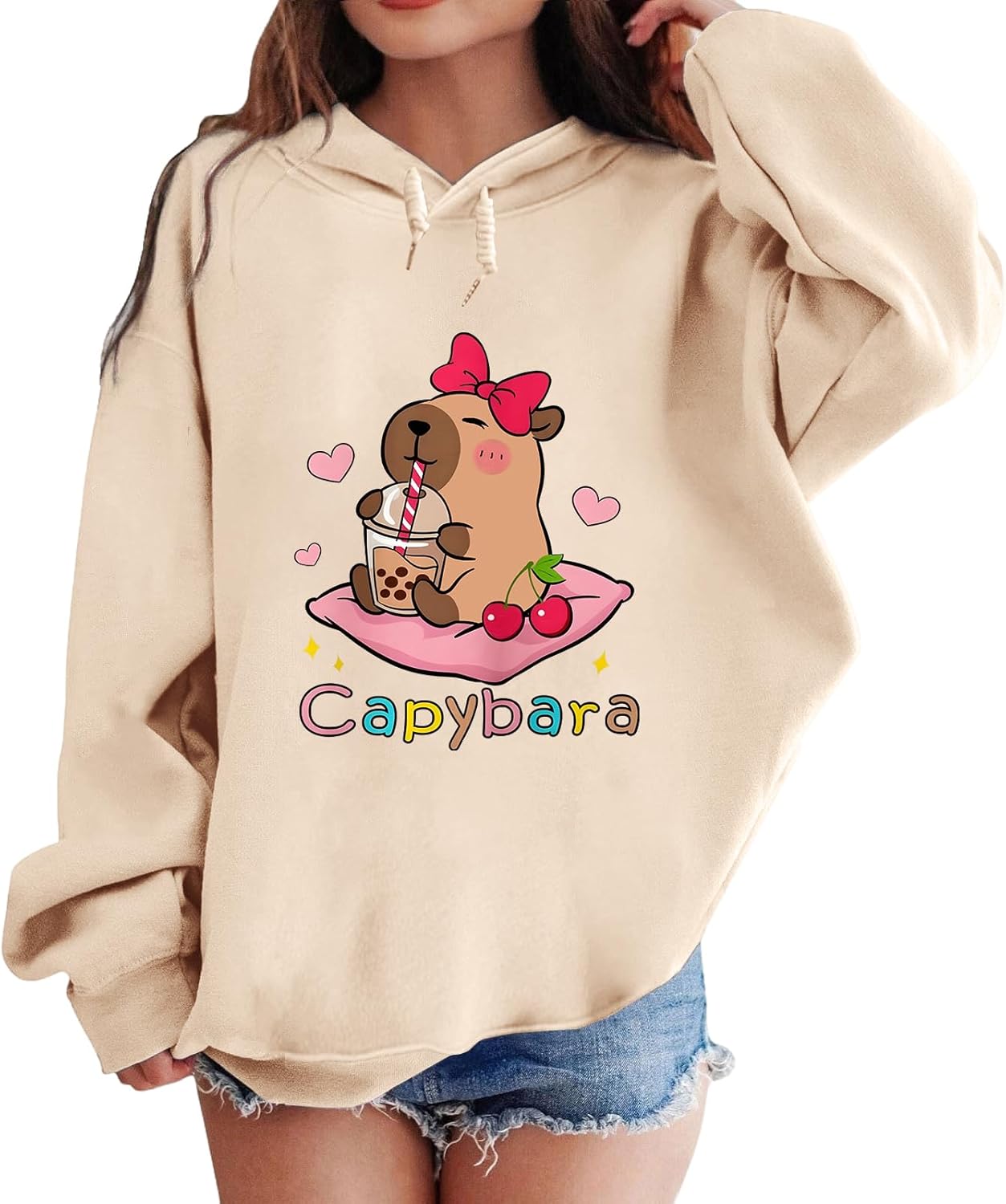 Cute Capybara Graphic Hoodies for Teen Girls Kawaii Cartoon Printed Hoodie Anime Hooded Sweatshirt Fleece Pullover