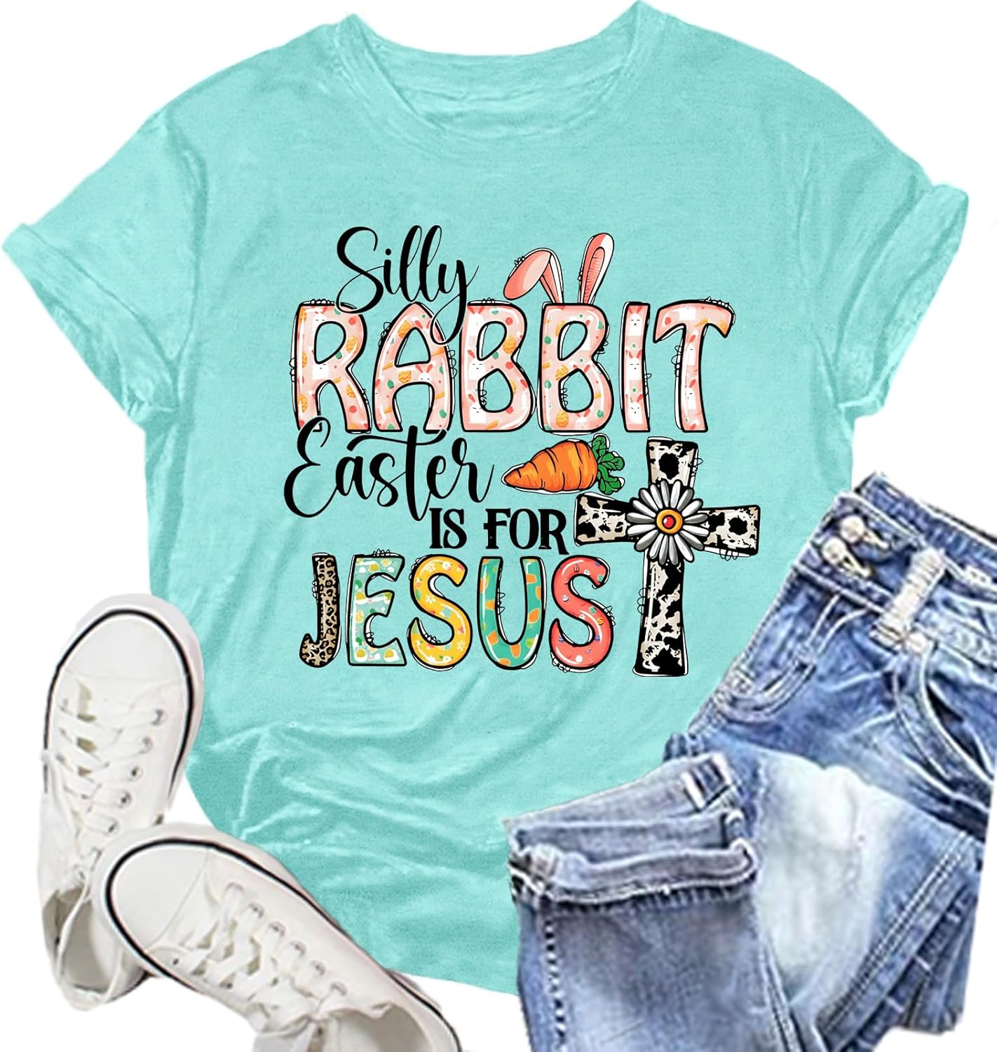 Womens Easter is for Jesus Shirt Easter Day T-Shirts Silly Rabbit Tee Tops
