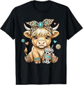 Cute Highland Cow Drink Coffee Leopard Bow Western Cowgirl T-Shirt