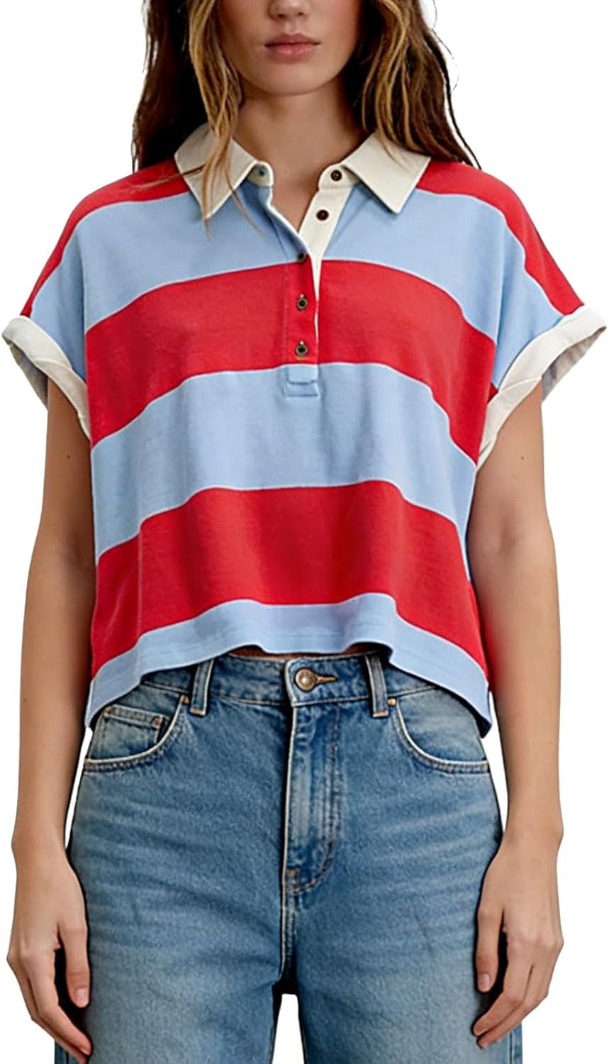 Going Out Tops for Women Striped Oversized Tshirts Y2K Short Sleeve Summer Top Aesthetic Y2K Baggy Polo Shirts