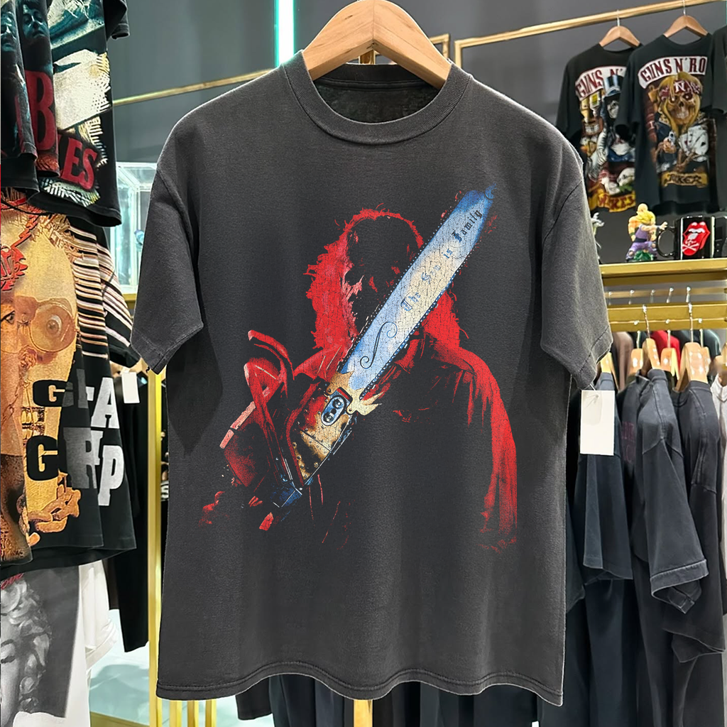90s LEATHERFACE 'THE SAW IS FAMILY' TCSM RARE WASHED BLACK T-SHIRT Hoodie, Sweatshirt | PureTeeCo.com (Image 1)