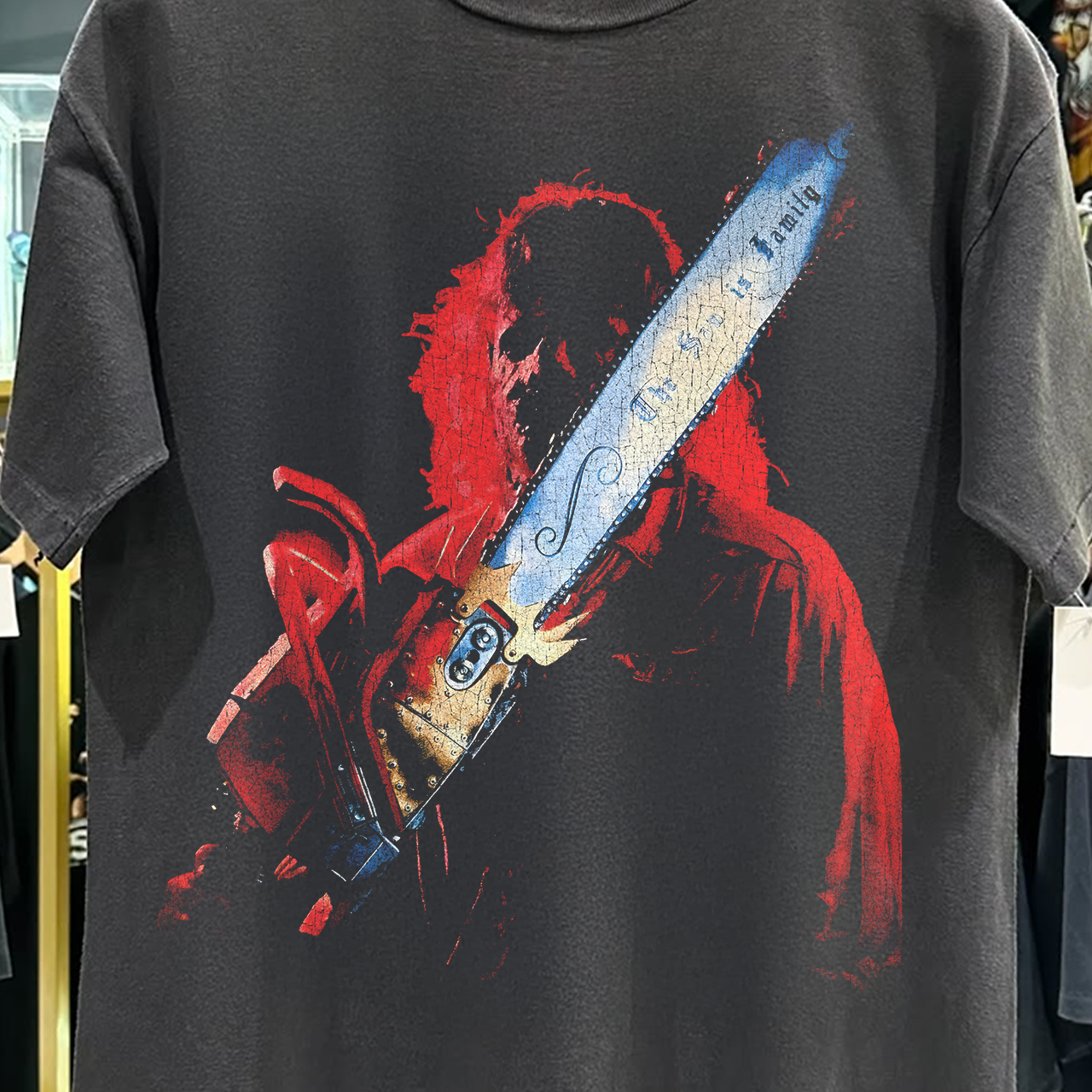 90s LEATHERFACE 'THE SAW IS FAMILY' TCSM RARE WASHED BLACK T-SHIRT Hoodie, Sweatshirt | PureTeeCo.com (Image 2)