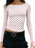 Women Y2K Long Sleeve T-Shirt Vintage Polka Dot Boat Neck Slim Fit Crop Top Spring Fall Going Out Tops Blouse Shirt