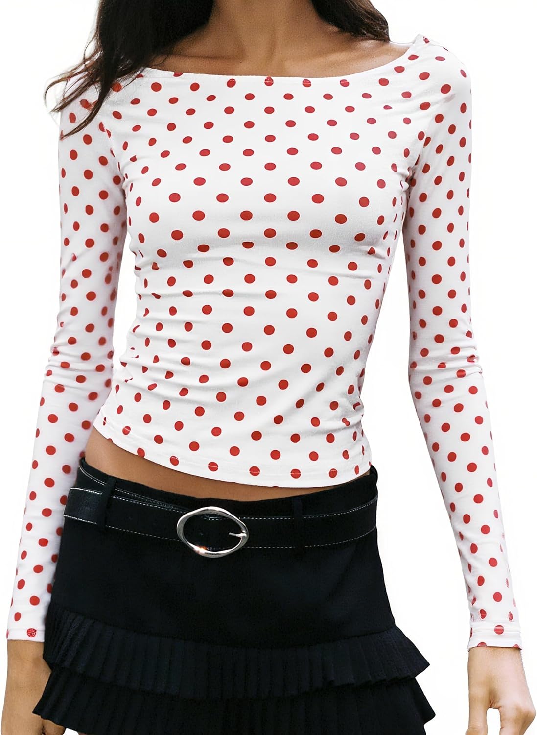 Women Y2K Long Sleeve T-Shirt Vintage Polka Dot Boat Neck Slim Fit Crop Top Spring Fall Going Out Tops Blouse Shirt